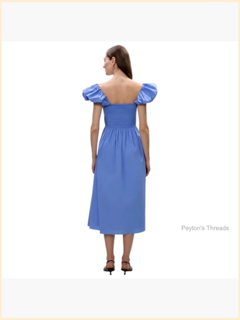 Puff Sleeve Smocked Bodice Midi Dress Cotton Poplin - Picture 2 of 7